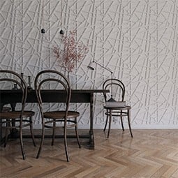 Stylish dining area featuring textured 3D wall panels, wooden floor, and elegant table with chairs, enhancing modern interior design aesthetics.